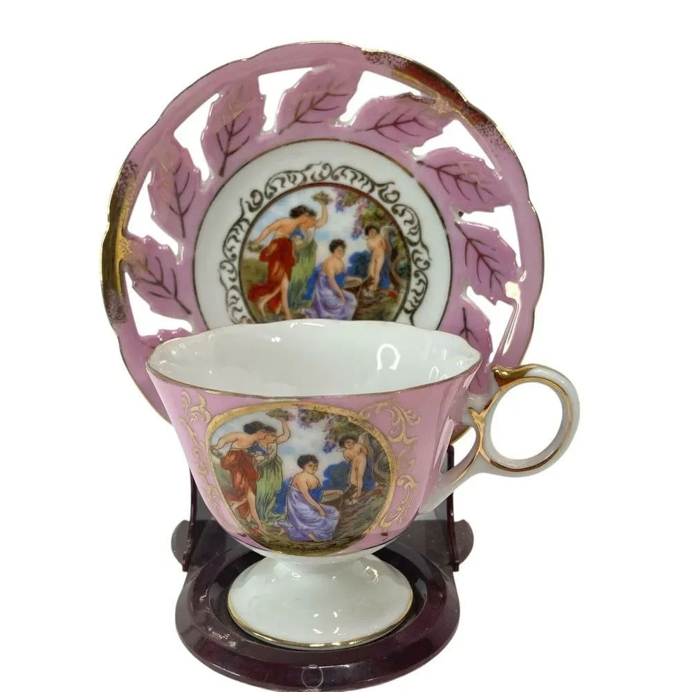 Vintage LM Royal Halsey Footed‎ Tea Cup & Cutout Saucer Victorian Ladies Cherub